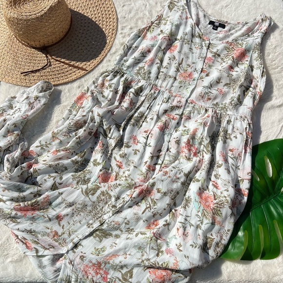 FRYE Floral Sleeveless Button Front Maxi Dress White Pink Green Size Large - Picture 8 of 11